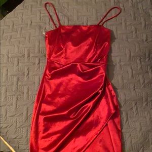 Red wrapped satin mini dress